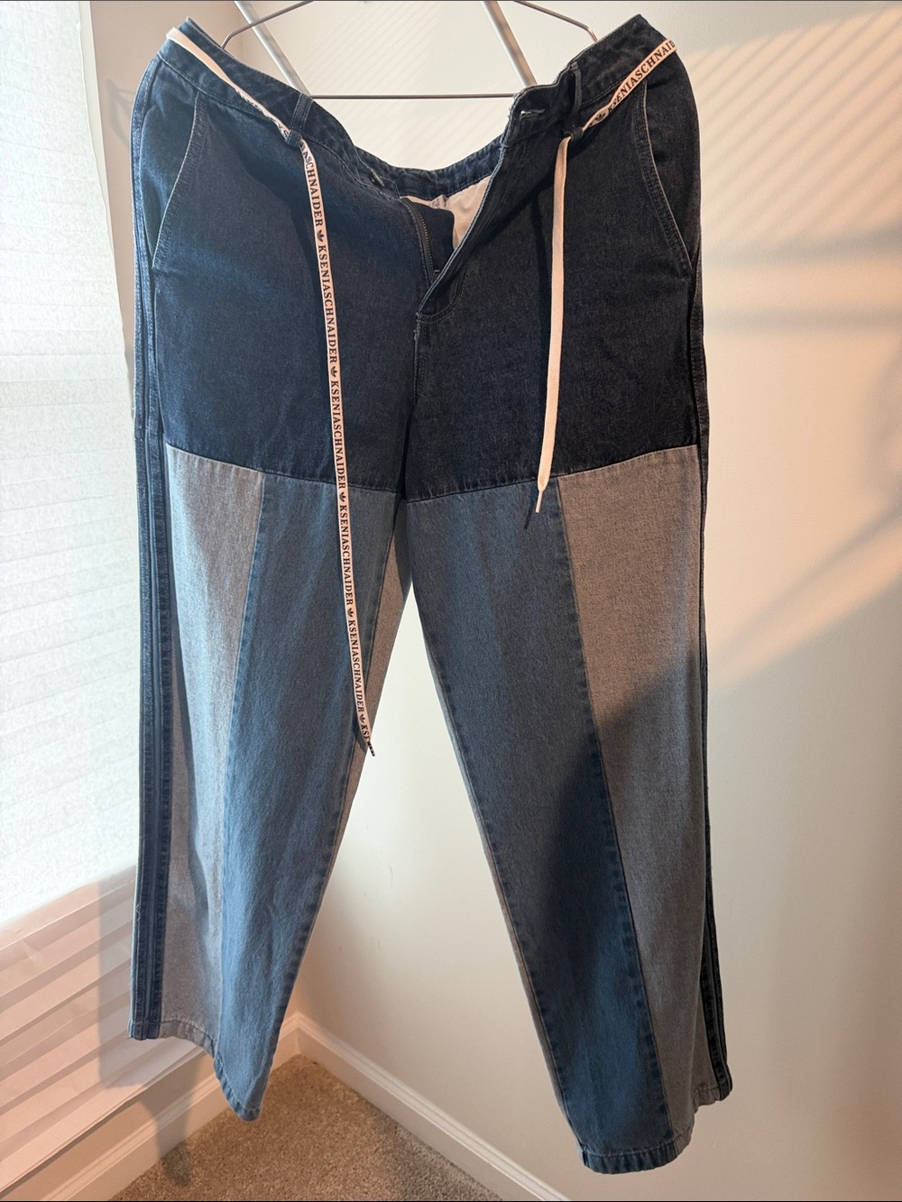 adidas Two-Tone Patchwork Relaxed Jeans in Dark and Light Blue